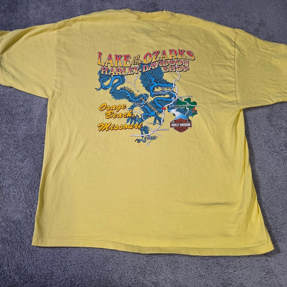 Harley-Davidson Mens XXL T-Shirt Yellow 2007 Lake of the Ozarks Bikefest Map T